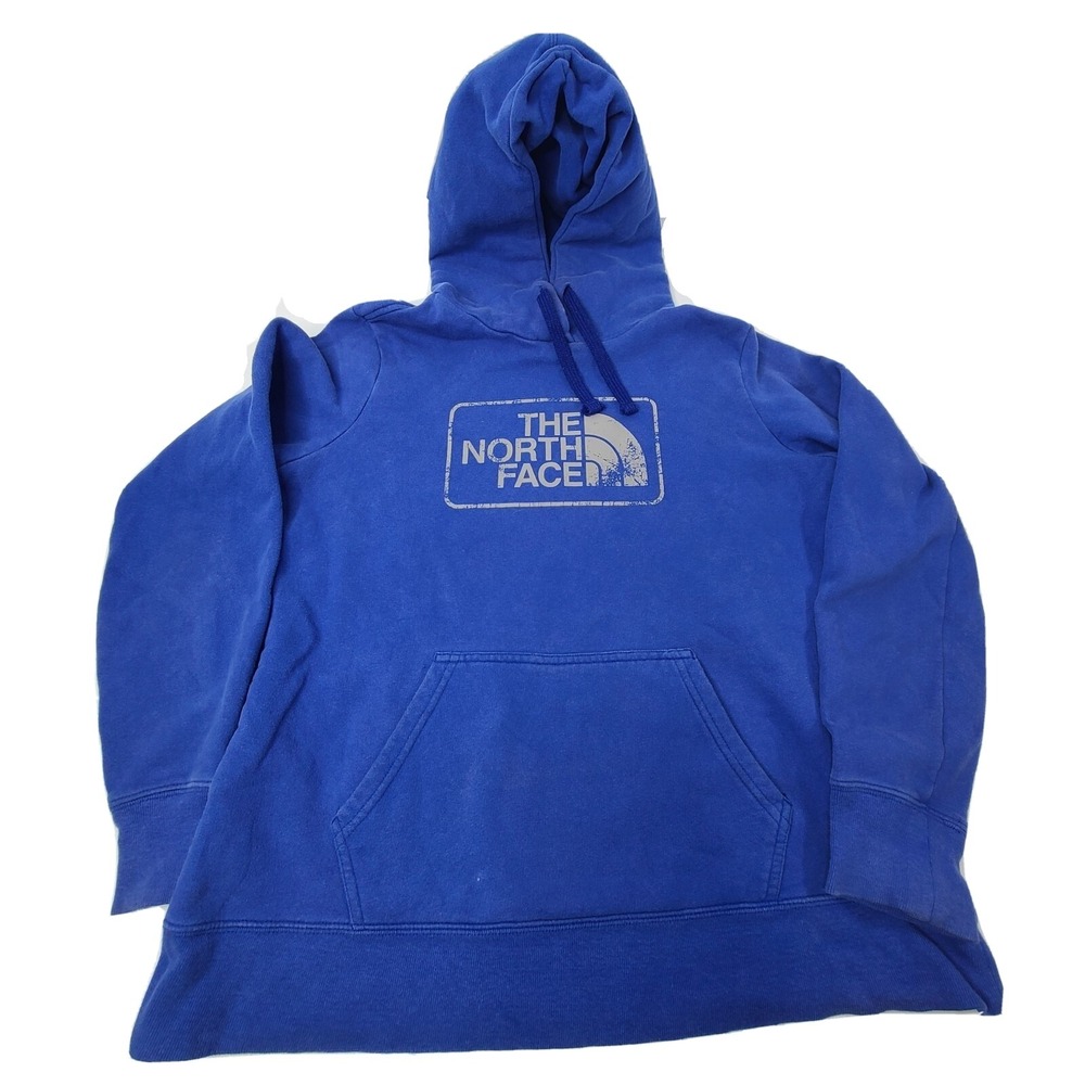 The North Face Women's Large Pullover Blue Hoodie Gray Logo hand front pocket